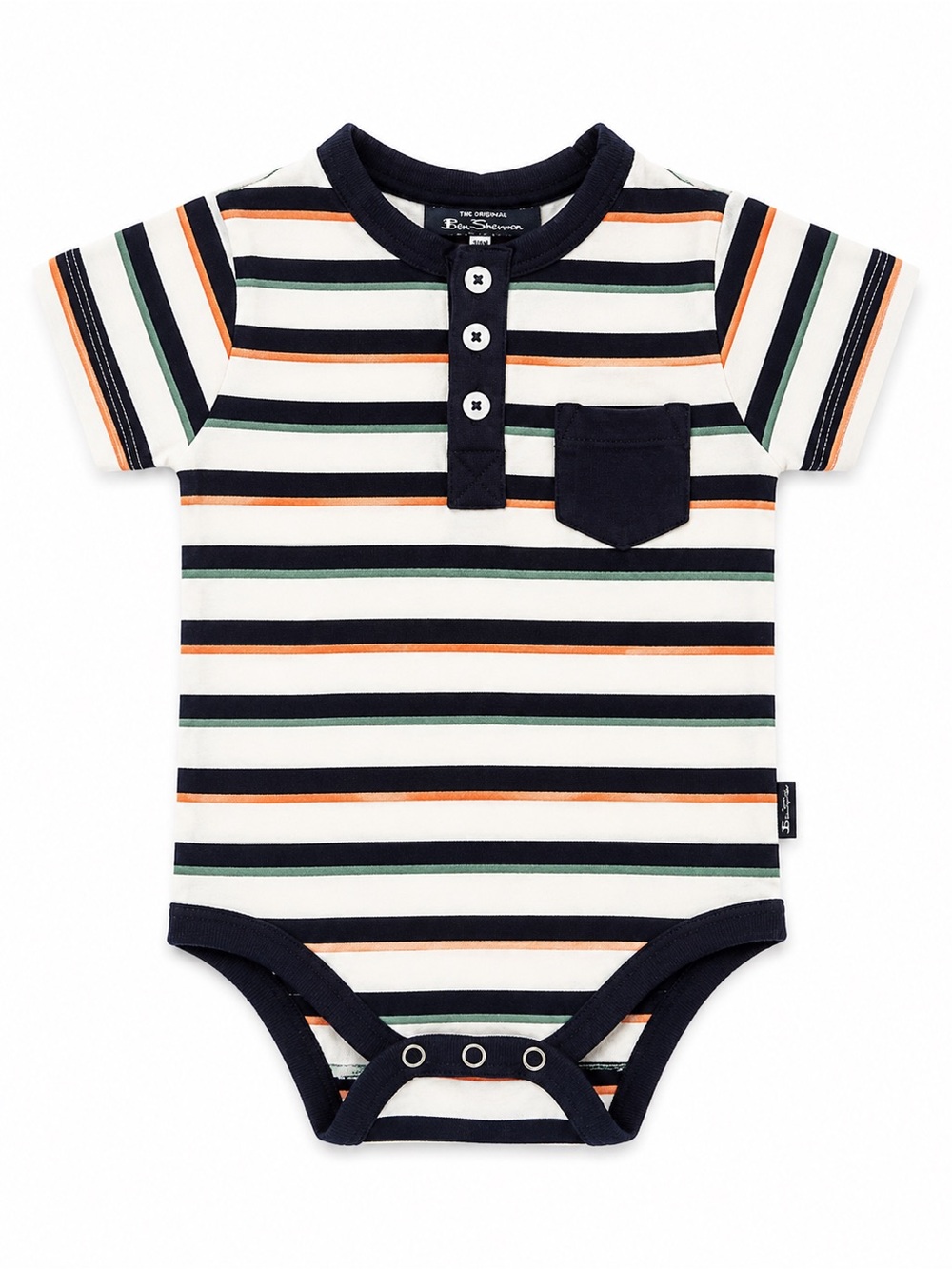 Ben Sherman Navy, White, Orange & Green Striped Baby Bodysuit with Chest Pocket